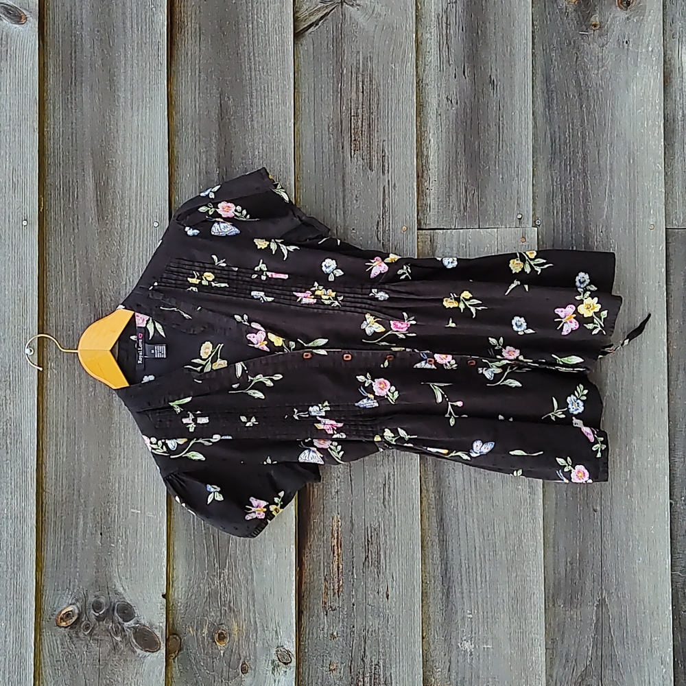 Royal Love black floral butterfly button up tie back pleated cotton top - size M